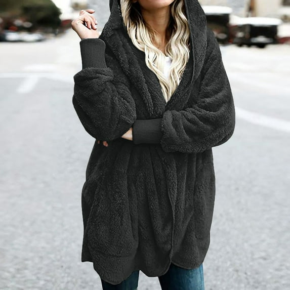 Guieoi Plus Size Jackets for Women Winter Oversized Open Front Hooded Draped Pockets Cardigan Coat Gray