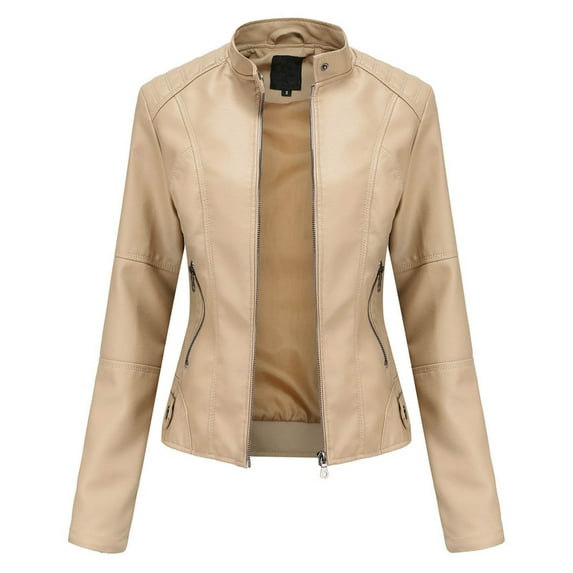 Guieoi Plus Size Jackets for Women Winter Slim Leather Stand-Up Collar Zipper Stitching Solid Color Beige