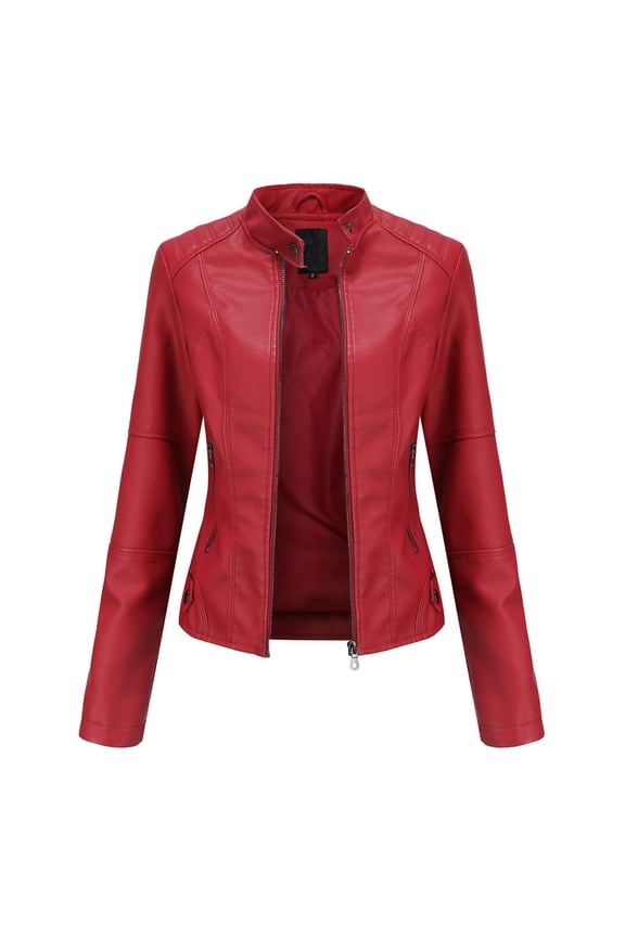 Plus Size Jackets for Women Winter Slim Leather Stand-Up Collar Zipper Stitching Solid Color Red