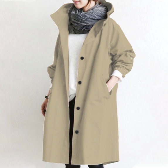 Guieoi Plus Size Jackets for Women Winter Solid Color Button Pocket Recreational Hooded Long Sleeve Windbreaker Coat Tops Brown