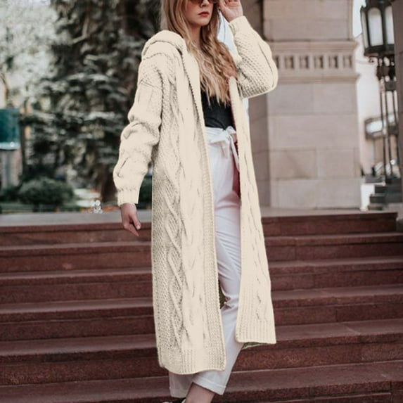 Guieoi Plus Size Jackets for Women Winter Solid Hooded Long Cardigan Sweater Dough Twists Sweater White