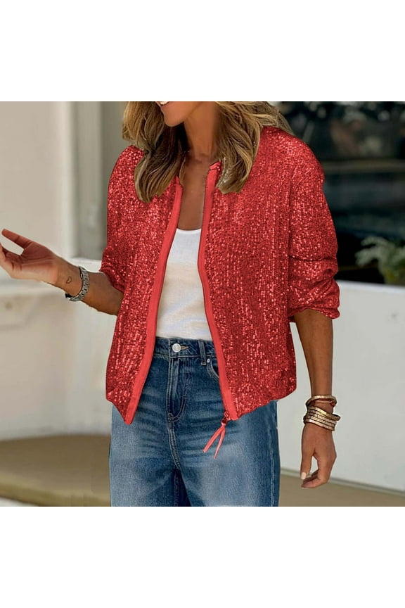 Plus Size Jackets for Women Winter Casual Hoodless Long Sleeve Sequin Jacket Red