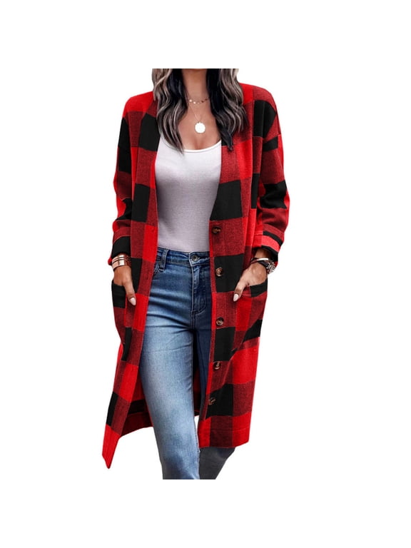 Plus Size Winter Coats for Women Fashion Button Tops Plaid Print Loose Cardigan with Pocket Coat Jacket Red