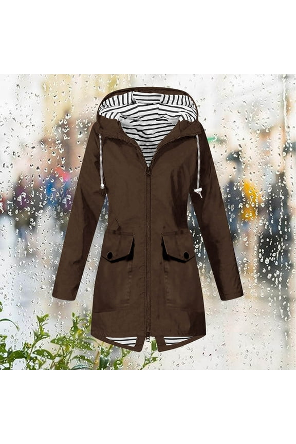 Plus Size Winter Coats for Women Solid Color Rain Jacket Outdoor Hooded Windproof Loose with Pocket Coat Brown