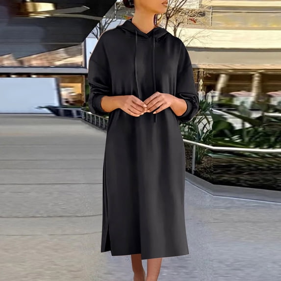 Guieoi Plus Size Fall Casual Long-Sleeve Sweatshirt Dress Loose-Fit Hooded Drawstring Maxi Dress Black XL