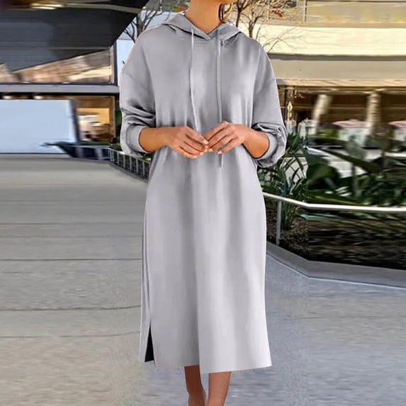 Guieoi Plus Size Fall Casual Long-Sleeve Sweatshirt Dress Loose-Fit Hooded Drawstring Maxi Dress Gray XXXXL