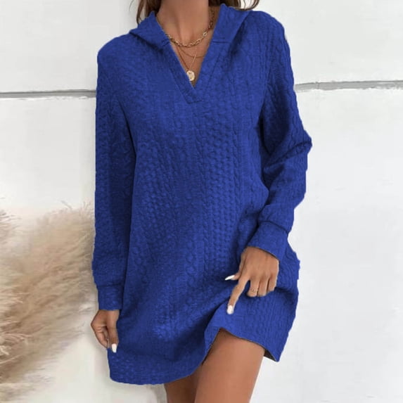 Guieoi Plus Size Fall Long-Sleeve Knitted Jacquard V-Neck Hooded Sweatshirt Dress Blue M