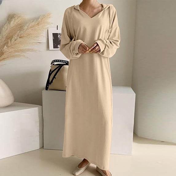 Guieoi Plus Size Fall/Winter Hooded Sweatshirt Casual Shirt-Style Maxi Dress Brown S