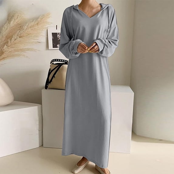 Guieoi Plus Size Fall/Winter Hooded Sweatshirt Casual Shirt-Style Maxi Dress Gray M