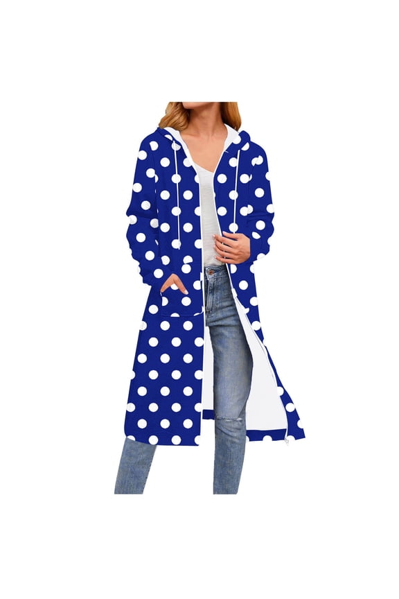 Plus Size Jackets Casual Women's Fashion Polka Dots Printed Long Sleeve Hooded Zipper Drawstring Tops Long Sweatshirts Pocket Blue Black*Friday/Cyber*Monday