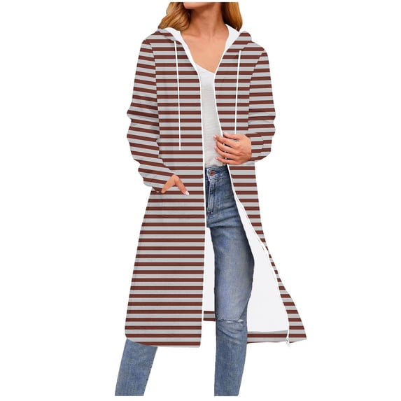 Guieoi Plus Size Jackets Casual Women's Fashion Stripes Printed Long Sleeve Hooded Zipper Drawstring Tops Long Sweatshirts Pocket Brown Black*Friday/Cyber*Monday