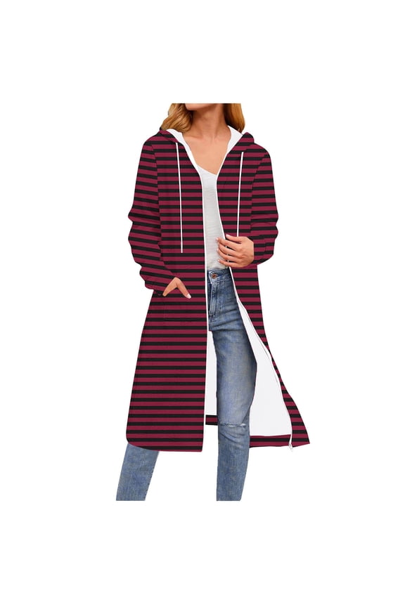 Plus Size Jackets Casual Women's Fashion Stripes Printed Long Sleeve Hooded Zipper Drawstring Tops Long Sweatshirts Pocket Red Black*Friday/Cyber*Monday