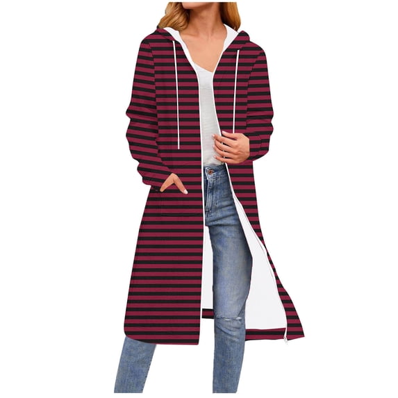 Guieoi Plus Size Jackets Casual Women's Fashion Stripes Printed Long Sleeve Hooded Zipper Drawstring Tops Long Sweatshirts Pocket Red Black*Friday/Cyber*Monday