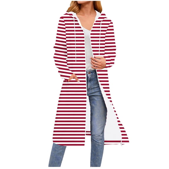 Guieoi Plus Size Jackets Casual Women's Fashion Stripes Printed Long Sleeve Hooded Zipper Drawstring Tops Long Sweatshirts Pocket Red Black*Friday/Cyber*Monday