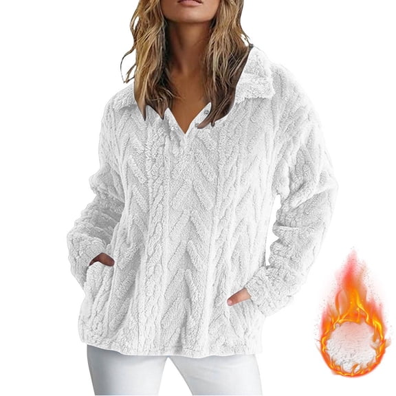 Guieoi Plus Size Jackets Fashion Women's Casual Long Sleeve Stand-up Collar Coral Fleece Blouse Ladies Loose Sweatshirt Winter Tops White Black*Friday/Cyber*Monday