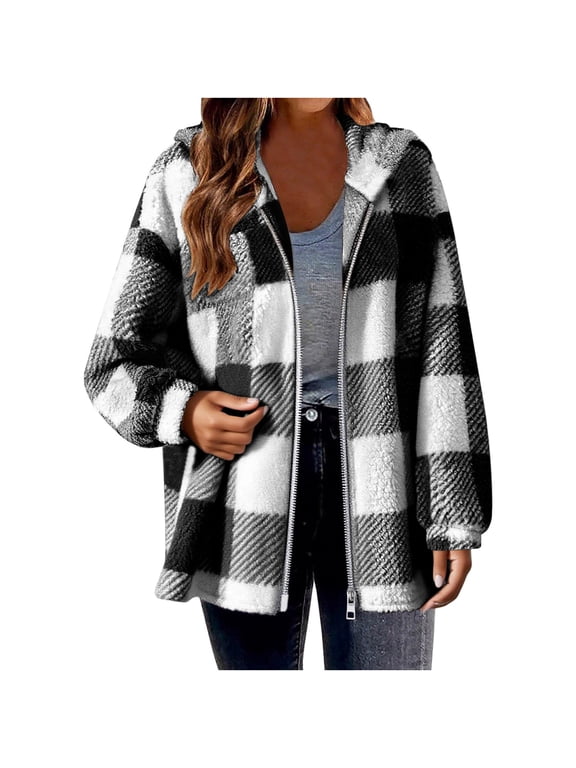 Plus Size Jackets Clearance Fashion Women's Warm Winter Plaid Jackets Zipper Casual Long Sleeve Hooded Plaid Coat Outerwear Black Black*Friday/Cyber*Monday Clearance