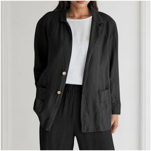 Guieoi Plus Size Jackets Clearance Ladies' Loose Long Sleeve Linen Tops for Spring and Winter Cardigan Jacket Pocket Black Black*Friday/Cyber*Monday Clearance