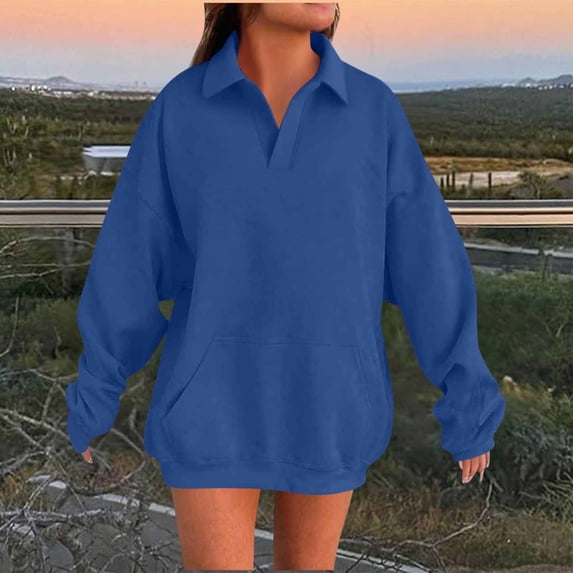 Guieoi Plus Size Jackets Women Casual Solid Color Lapel Long Sleeve Loose Front Pocket Hoodie Top Blue Black*Friday/Cyber*Monday