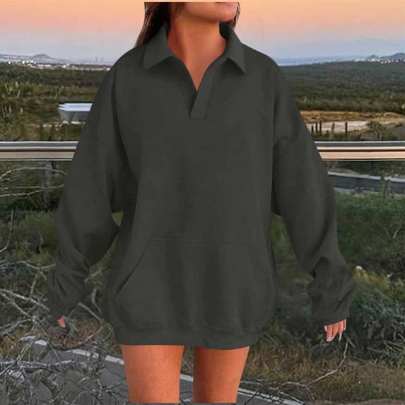 Guieoi Plus Size Jackets Women Casual Solid Color Lapel Long Sleeve Loose Front Pocket Hoodie Top Gray