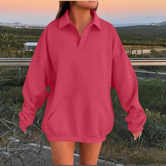 Guieoi Plus Size Jackets Women Casual Solid Color Lapel Long Sleeve Loose Front Pocket Hoodie Top Pink