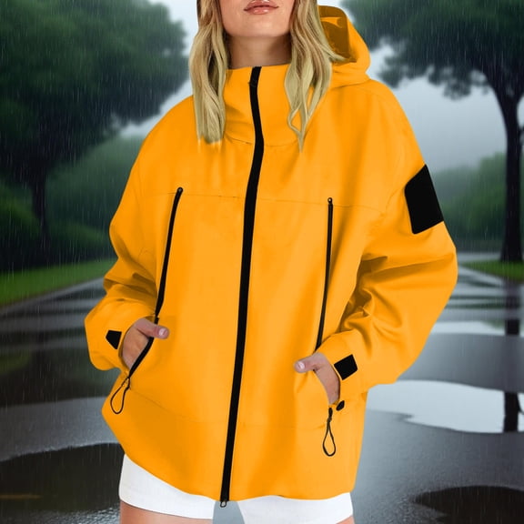 Guieoi Plus Size Jackets Clearance Women Solid Color Outdoor Rain Jacket Zipper Hooded Windproof Waterproof Loose with Pocket Adjustable Cuffs Coat Yellow Black*Friday/Cyber*Monday Clearance