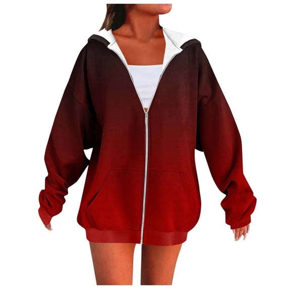 Guieoi Plus Size Jackets Women's Fall Fashio Casual Printed Ladies Long Sleeve Tops Zipper Blouse Hooded Sweatshirts Coat Red