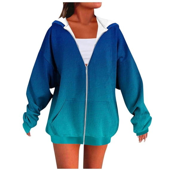 Guieoi Plus Size Jackets Women's Fall Fashion Casual Printed Ladies Long Sleeve Tops Zipper Blouse Hooded Sweatshirts Coat Blue