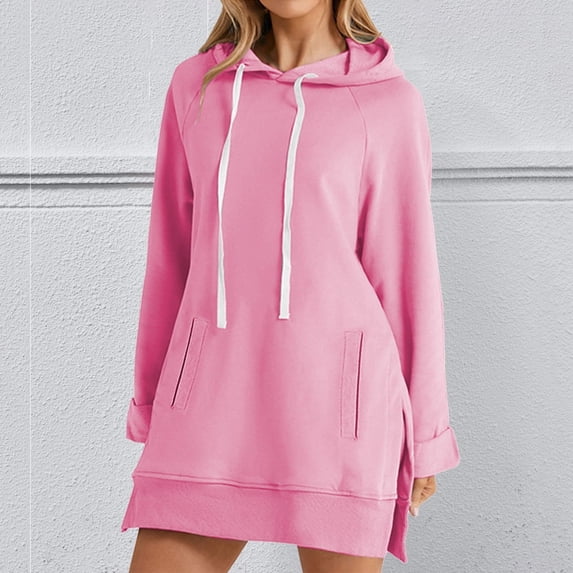Guieoi Plus Size Jackets Women's Fashion Solid Hoodie Long Sleeve Drawstring Blouse Round Neck Casual Tops Hooded Sweatshirts Long Pink Black*Friday/Cyber*Monday
