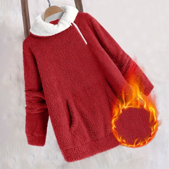 Guieoi Plus Size Jackets Women's Fleece Comfortable Homewear Loose Long Sleeve Hooded Blouse Solid Top Pajamas Pocket Red Black*Friday/Cyber*Monday