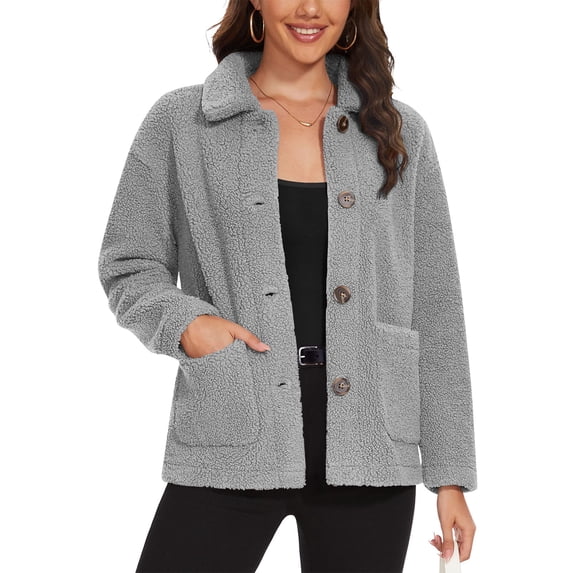 Guieoi Plus Size Jackets Clearance Women's Long Sleeve Solid Color Button Up Warm Winter Jacket with Pockets Gray Black*Friday/Cyber*Monday Clearance