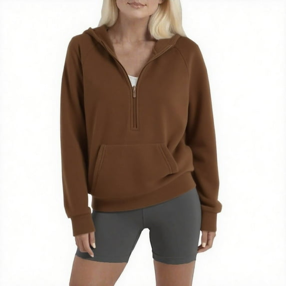 Guieoi Plus Size Jackets Clearance Women's Loose Colored Fleece Half-zip Hooded Raglan Long Sleeve Sweater Brown Black*Friday/Cyber*Monday Clearance