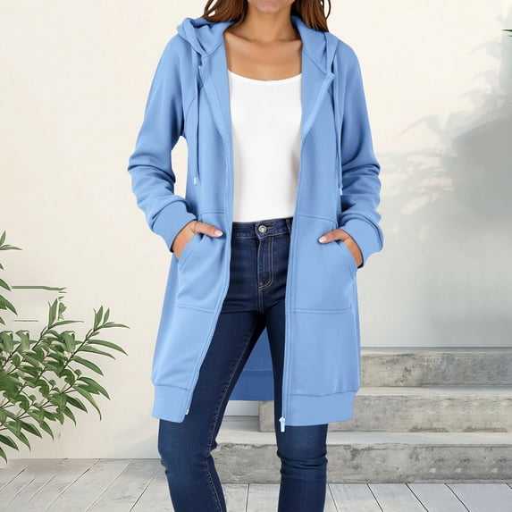 Guieoi Plus Size Jackets Women's Solid Color Long Jacket Thickening and Fleece Winter Casual Zipper Long Sleeve Pocket Hooded Long Sweater Blue Black*Friday/Cyber*Monday