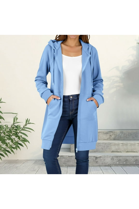 Plus Size Jackets Women's Solid Color Long Jacket Thickening and Fleece Winter Casual Zipper Long Sleeve Pocket Hooded Long Sweater Blue Black*Friday/Cyber*Monday