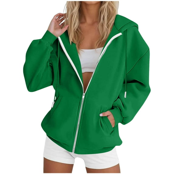 Guieoi Plus Size Jackets Clearance Women's Solid Color Pockets Zipper Long Sleeve Regular Top Hooded Sweatshirts Coat Outerwear Green Black*Friday/Cyber*Monday Clearance