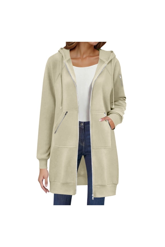Plus Size Jackets Clearance Women's Solid Color Thickening and Fleece Winter Casual Open Front/Zipper Long Sleeve Pocket Hooded Long Jacket Beige Black*Friday/Cyber*Monday Clearance