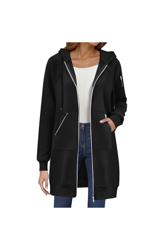 Plus Size Jackets Clearance Women's Solid Color Thickening and Fleece Winter Casual Open Front/Zipper Long Sleeve Pocket Hooded Long Jacket Black Black*Friday/Cyber*Monday Clearance