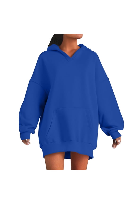 Plus Size Jackets Women's Solid Color V-Neck Long Sleeve Top Long Hooded Pullover Fashionable Sweatshirts Blue