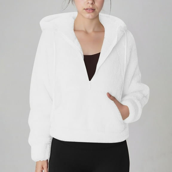 Guieoi Plus Size Jackets Women's Solid Fashion Double-sided Velvet Long Sleeve Fleece Hoodie Half Zip Pocket Activewear Tops White Black*Friday/Cyber*Monday