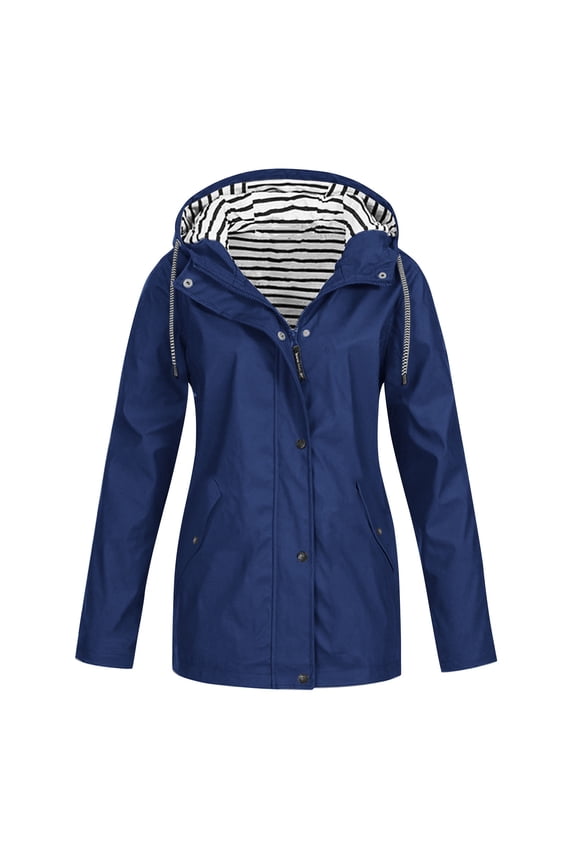 Plus Size Jackets Clearance Women's Stripe Print inside Long Sleeve Rain Jacket Outdoor Jackets Hooded Raincoat Windproof Waterproof Blue Black*Friday/Cyber*Monday Clearance