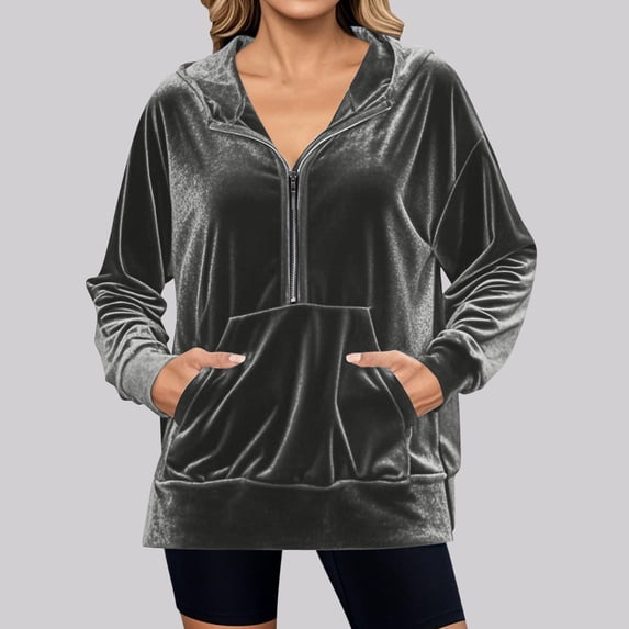 Guieoi Plus Size Jackets Women's Winter Loose Long Zipper Velvet Sweatshirt Pocket Hooded Tops Velvet Jacket with Pockets Gray Black*Friday/Cyber*Monday