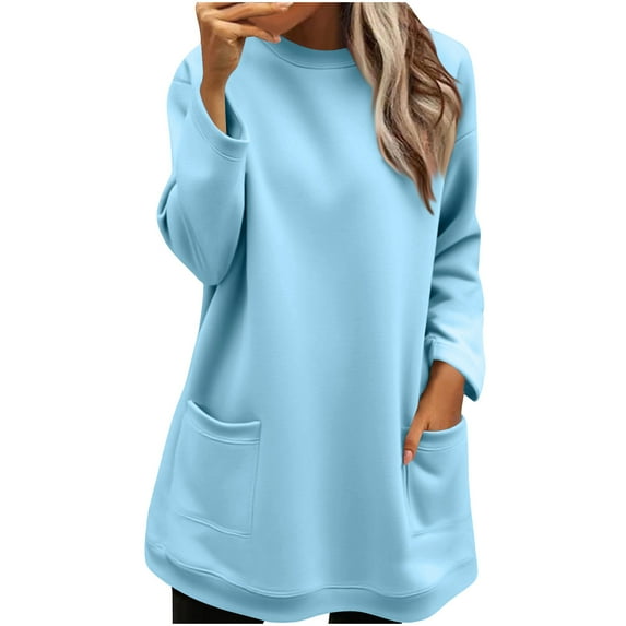 Guieoi Plus Size Jackets Clearance Women's Winter Round Neck Long Sleeve Solid Color Casual Sweatshirt Top with Two Pockets Blue Black*Friday/Cyber*Monday Clearance