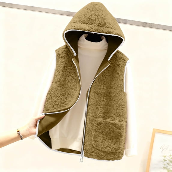 Guieoi Plus Size Jackets for Women Women Pocket Coat Short Jacket Winter Sleeveless Fleece Button Solid Hooded Outerwear Brown