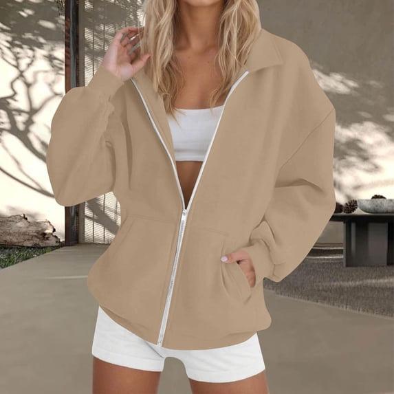 Guieoi Plus Size Jackets for Women Women Sweatshirt Zip Up Fall Fashion Turn Down Collar Long Sleeve Jackets Winter Clothing Outfits Brown