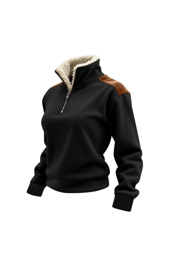 Plus Size Jackets for Women Women's Solid Color Half Zipper Long Sleeved Sweatshirt with Patchwork Suede Cover Collar and Fleece Top Sweatshirt