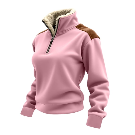 Guieoi Plus Size Jackets for Women Women's Solid Color Half Zipper Long Sleeved Sweatshirt with Patchwork Suede Cover Collar and Fleece Top Sweatshirt Pink