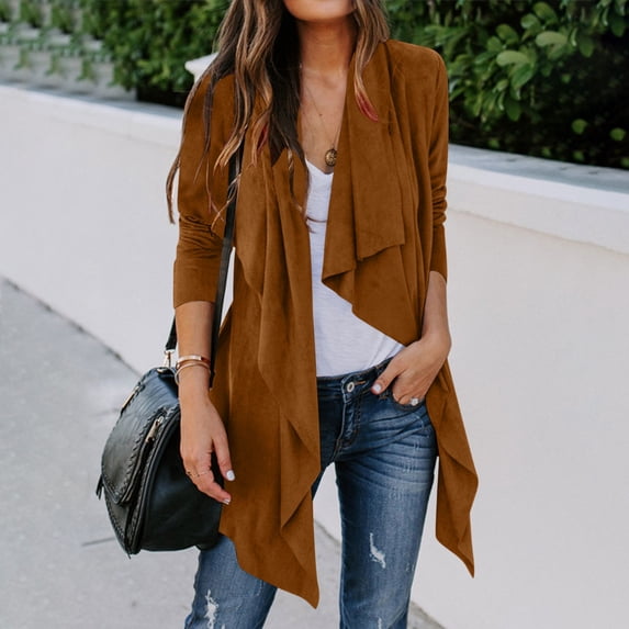 Guieoi Plus Size Jackets for Women Women's Solid Suede Long Sleeved Lapel Jacket Fashion Imitation Deer Velvet Cardigan Collar Fashion Outerwear Brown