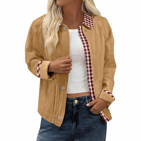Guieoi Plus Size Jackets for Women Women's Loose Sleeved Checkered Collar Long Sleeved Hooded Casual Jacket Gold