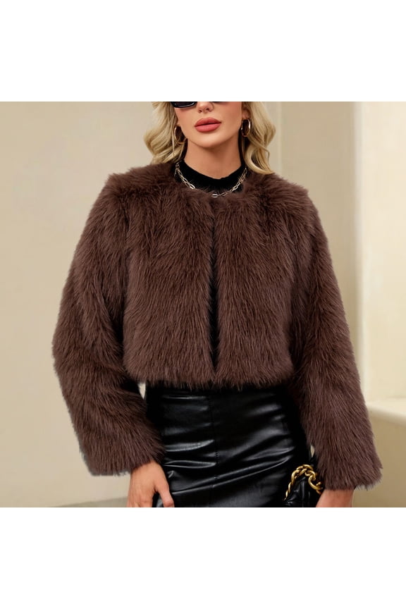 Plus Size Jackets for Women Womens Ladies Warm Faux Furry Coat Jacket Winter Solid Round Neck Outerwear Brown
