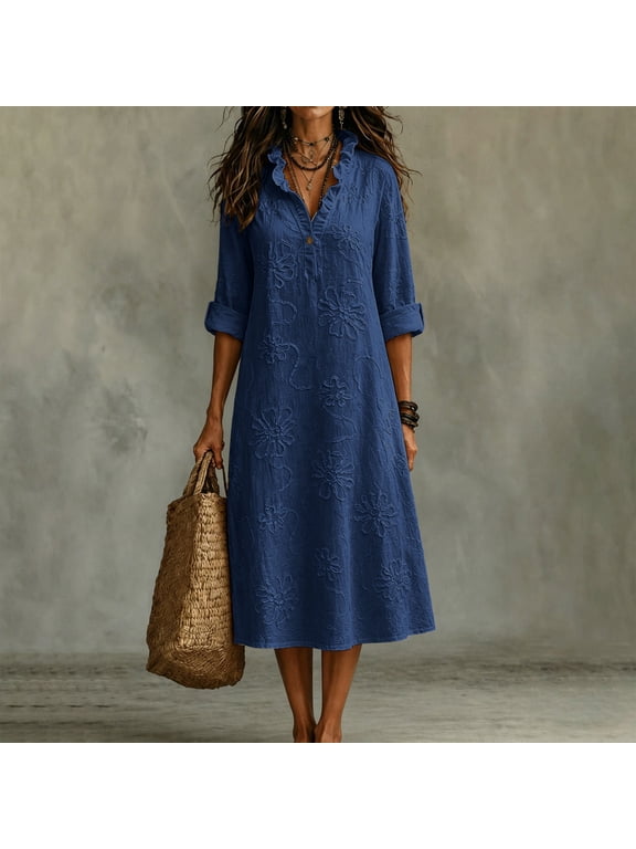 Plus Size Solid-Color Embroidered Dress,Womens Dresses Blue XXL