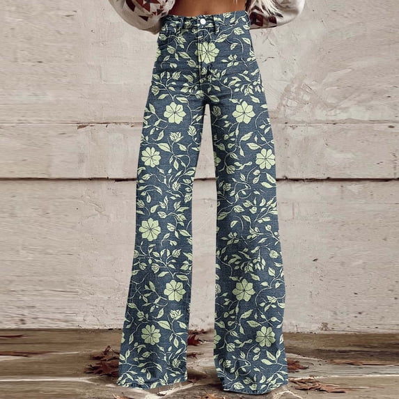 Guieoi Plus Size Straight Leg High Rise Baggy Pants for Women Floral Print Casual Stretchy Denim-like Fabric Pockets Gray XXXL